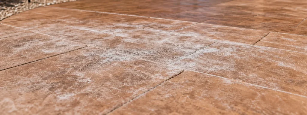 Pavimento de hormigón impreso de color terracota con depósitos blanquecinos sobre la superficie y las juntas.